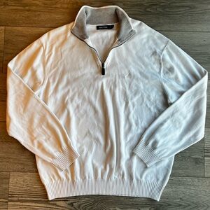 Nautica Men’s White Cream Cotton Quarter Zip Sweater with Leather Zipper XL